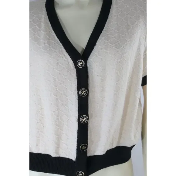 Vintage St. John Collection Knit Cardigan Ivory Black Trim Short Sleeve Size 6 - Picture 7 of 16